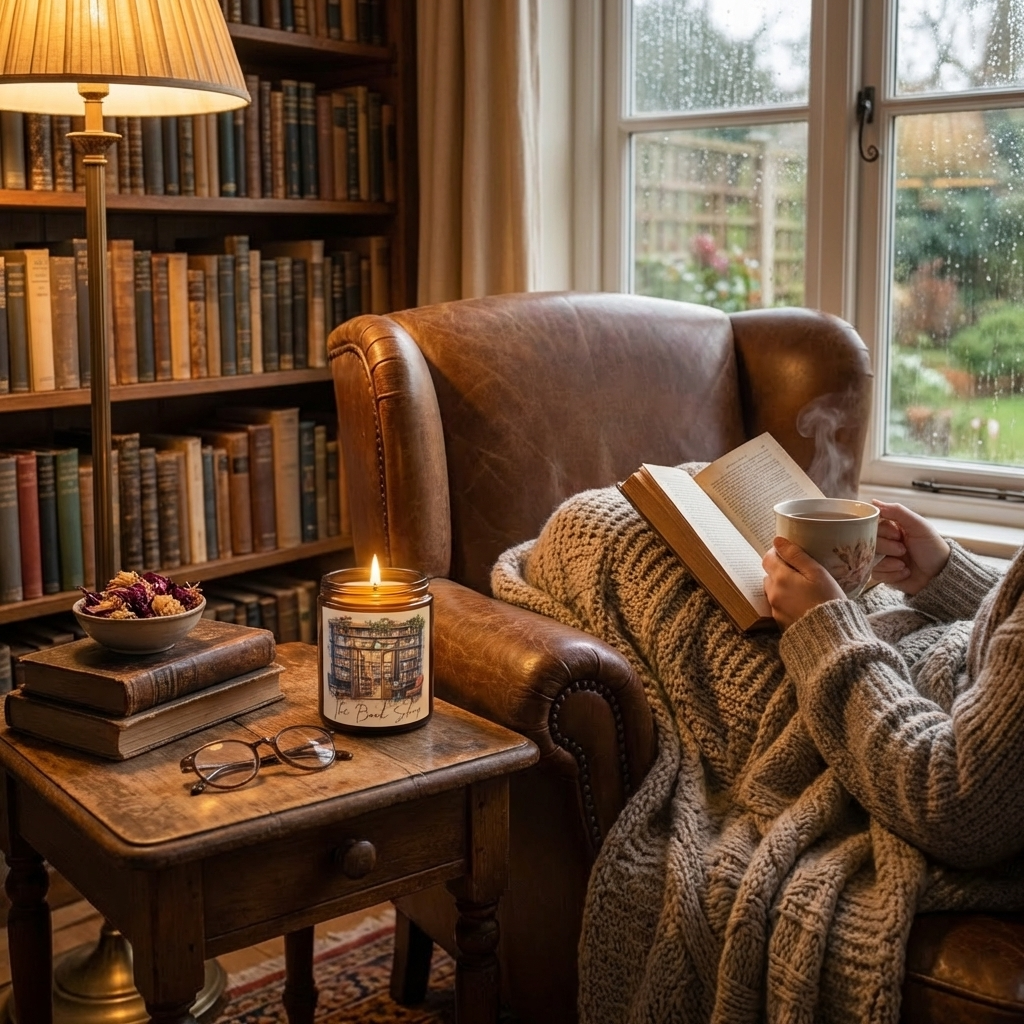 Person reading a book in a cozy armchair with a lit candle and cup of tea, surrounded by books.