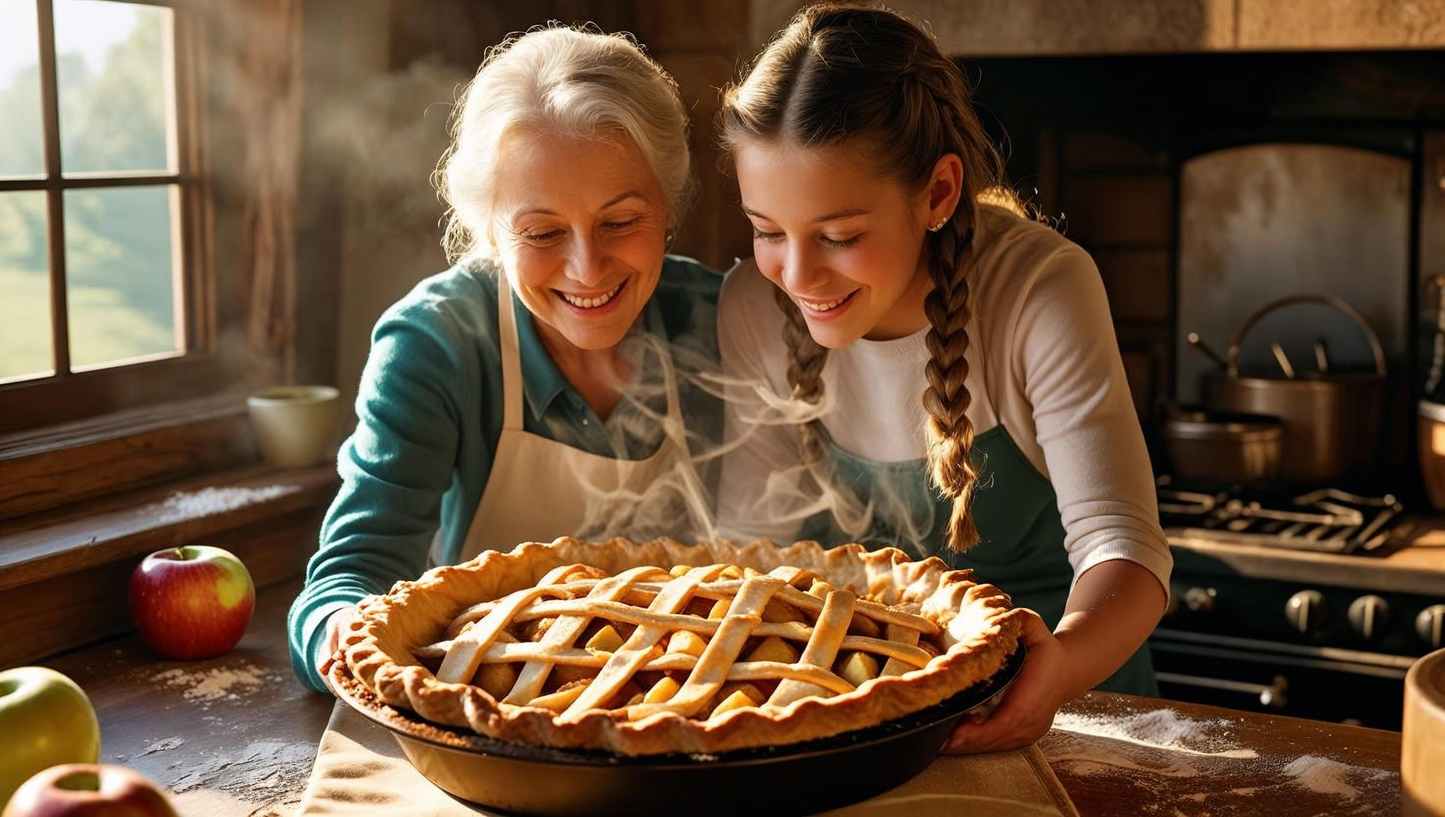 Two women in a kitchen, one older and one younger, looking at a freshly baked pie.
