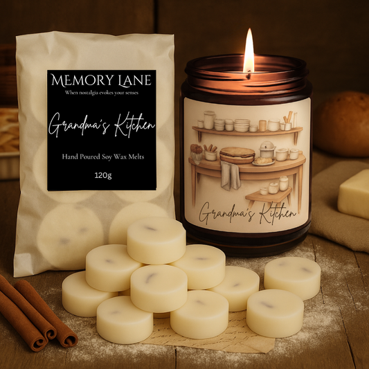 Memory Lane Grandma's Kitchen candle and wax melts on a rustic wooden surface.
