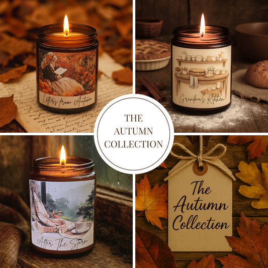 Collage of autumn-themed candles with 'The Autumn Collection' theme.