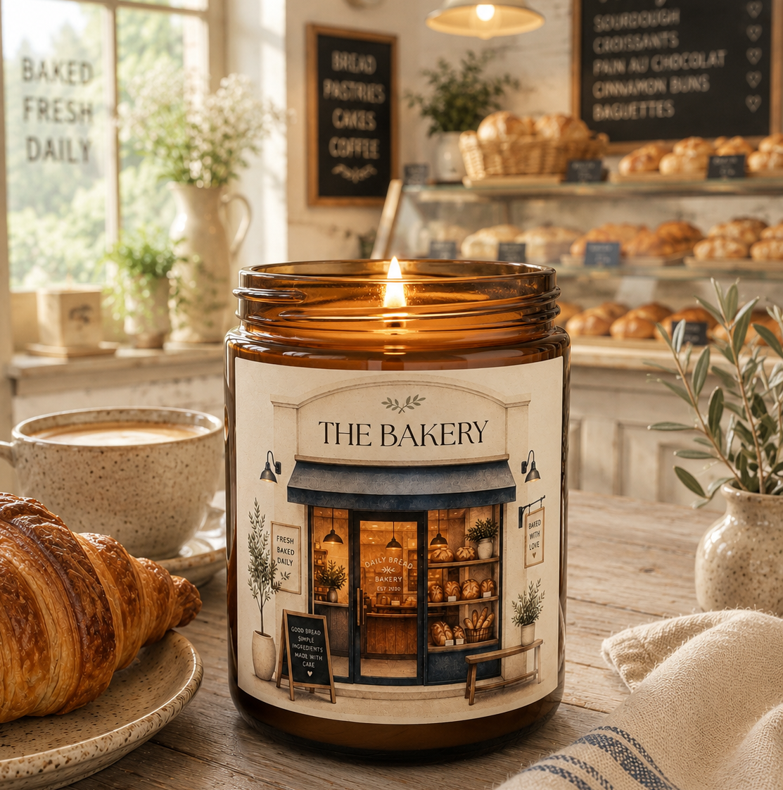 A lit amber glass jar candle with a bakery-themed label reading 'The Bakery,' placed on a rustic wooden table with a croissant, coffee cup, and warm bakery interior in the background.