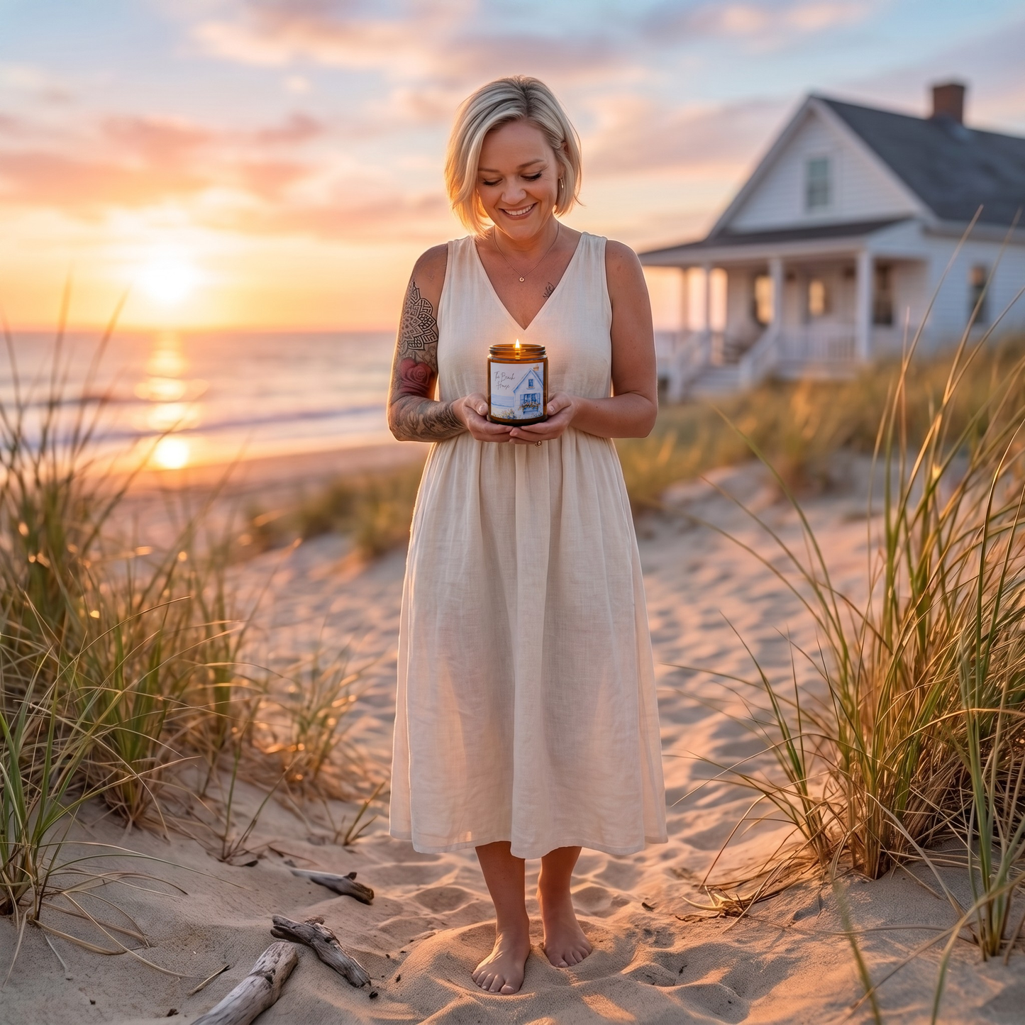 A woman in a white sleeveless dress stands on a sandy beach at sunset holding a small jar candle. Tall beach grass surrounds her, with the ocean and a house visible in the background.