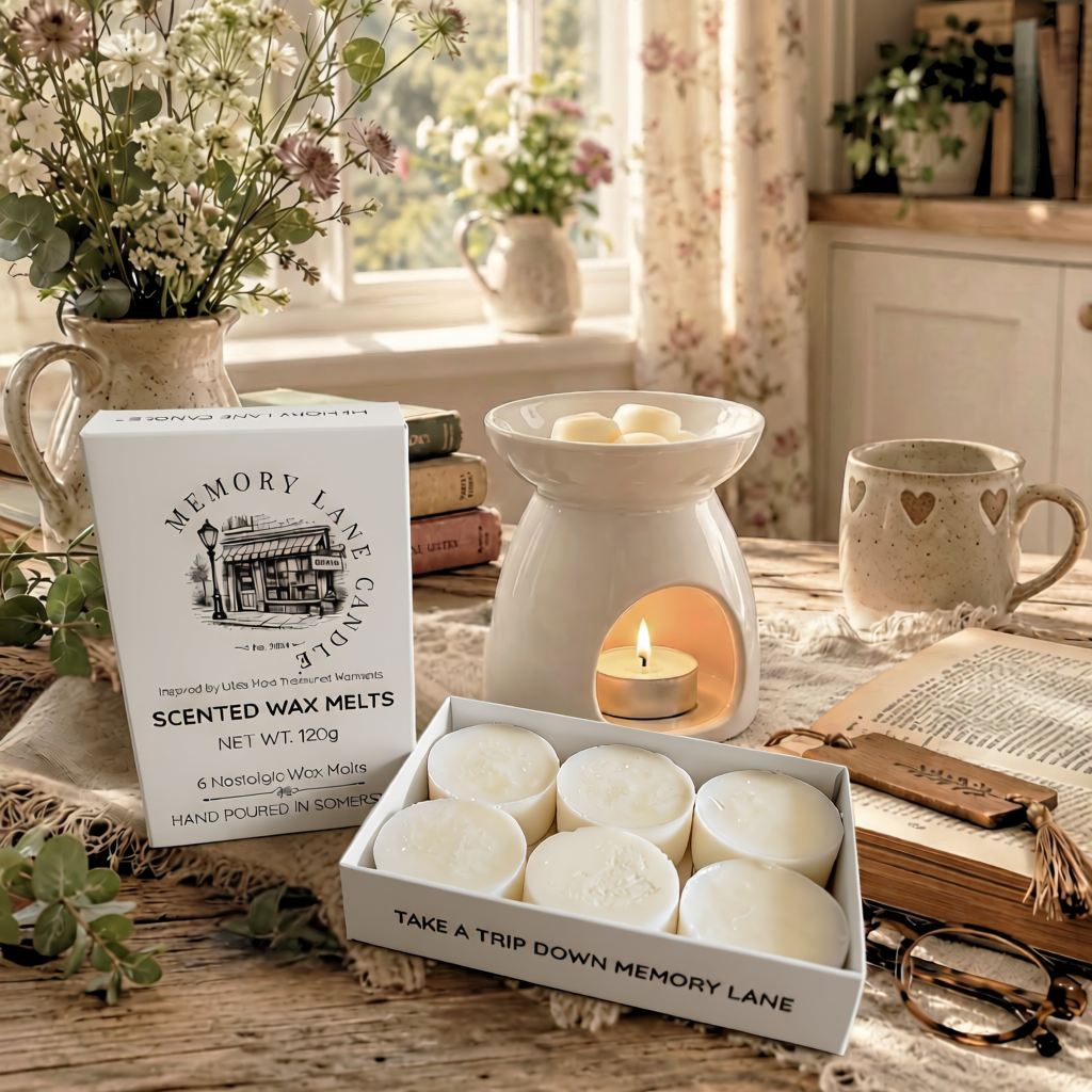A boxed set of Memory Lane Candle scented wax melts sits on a rustic table beside a white wax warmer with a lit tea light, flowers, books, and a heart-mug in a cosy indoor setting.