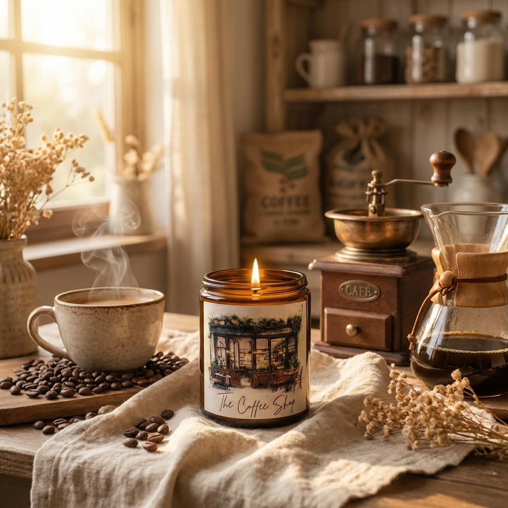 Candle labeled 'The Coffee Shop' with coffee-themed decor including a cup, grinder, and beans.