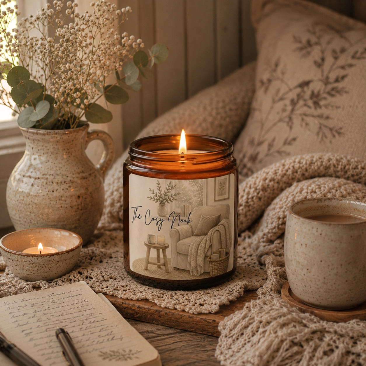 Candle with a cozy room label on a table with a mug, notebook, and vase.
