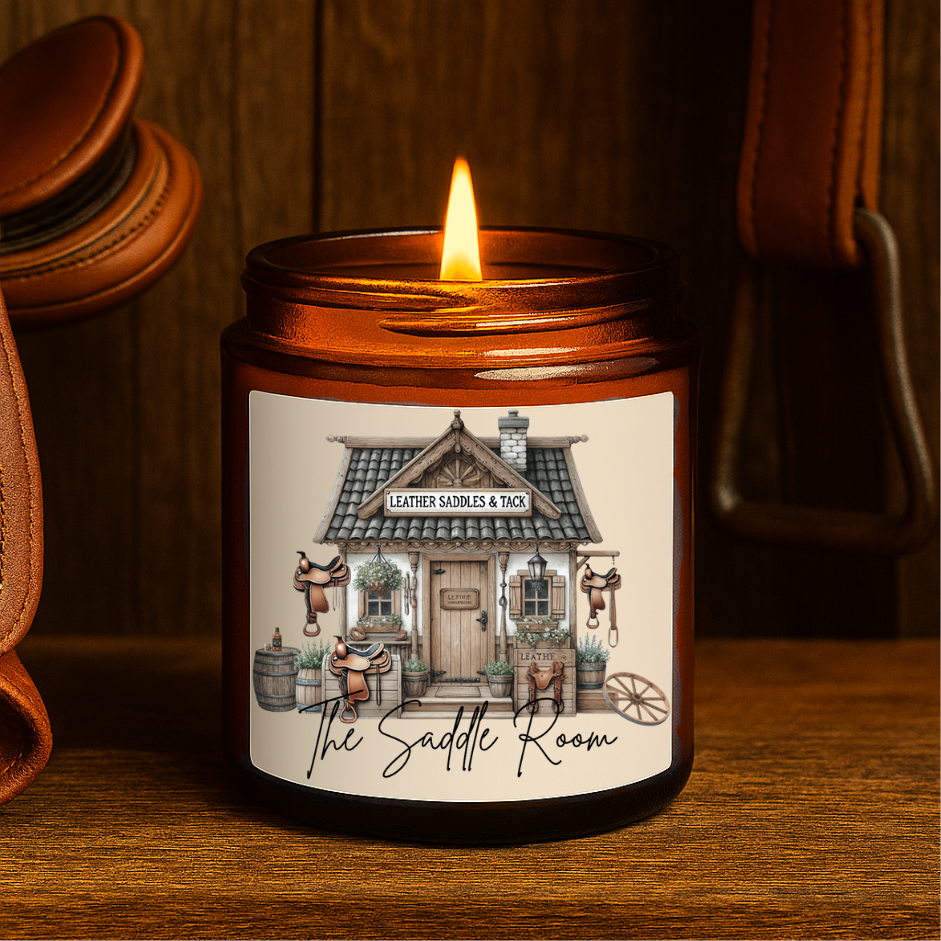 Candle in a jar with 'The Saddle Room' label on a wooden surface