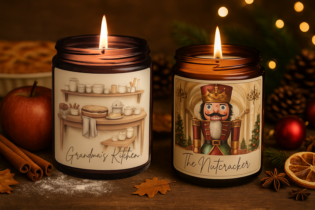 Autumn Grandma’s Kitchen candle and Christmas Nutcracker candle side by side.