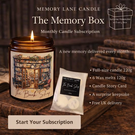 Memory Lane Candle subscription box with candle and wax melts on a wooden surface.