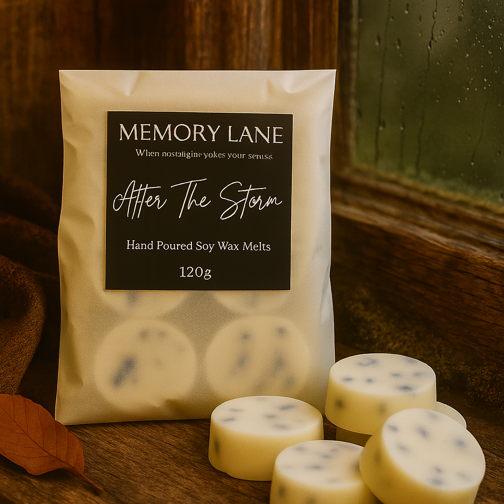Memory Lane After The Storm soy wax melts in rustic packaging with blue-speckled melts displayed beside a rain-dappled window.
