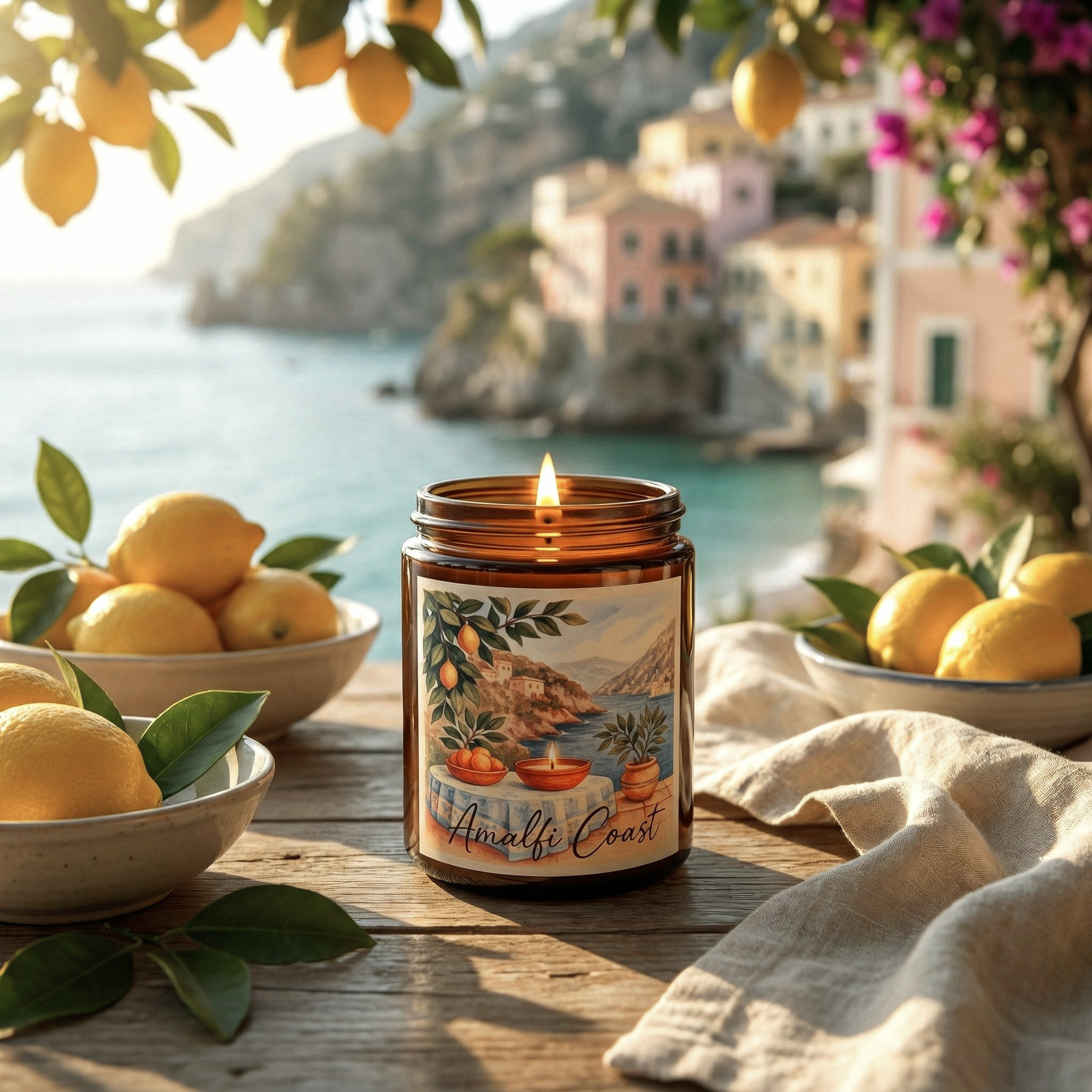 Candle with 'Amalfi Coast' label surrounded by lemons and a scenic background