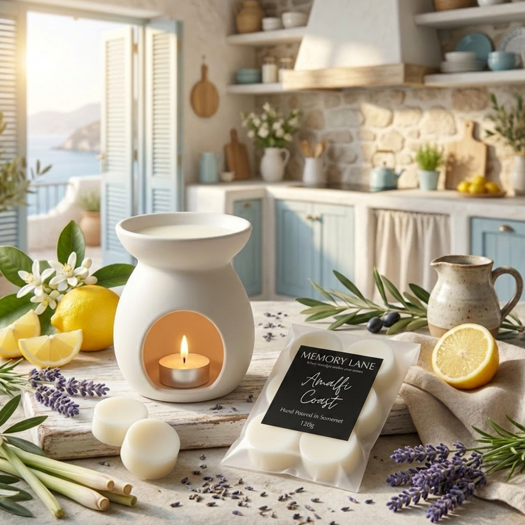 Wax Burner with a lit candle on a kitchen counter, surrounded by lemons, lavender, and a package of 'Memory Lane' candles.
