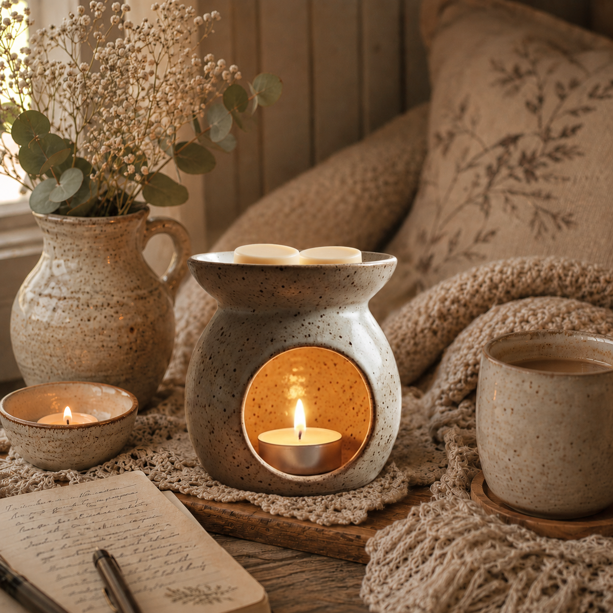 Ceramic oil burner with lit candle melting the Cosy Nook Wax Melts, mug, notebook, and vase on a textured surface.