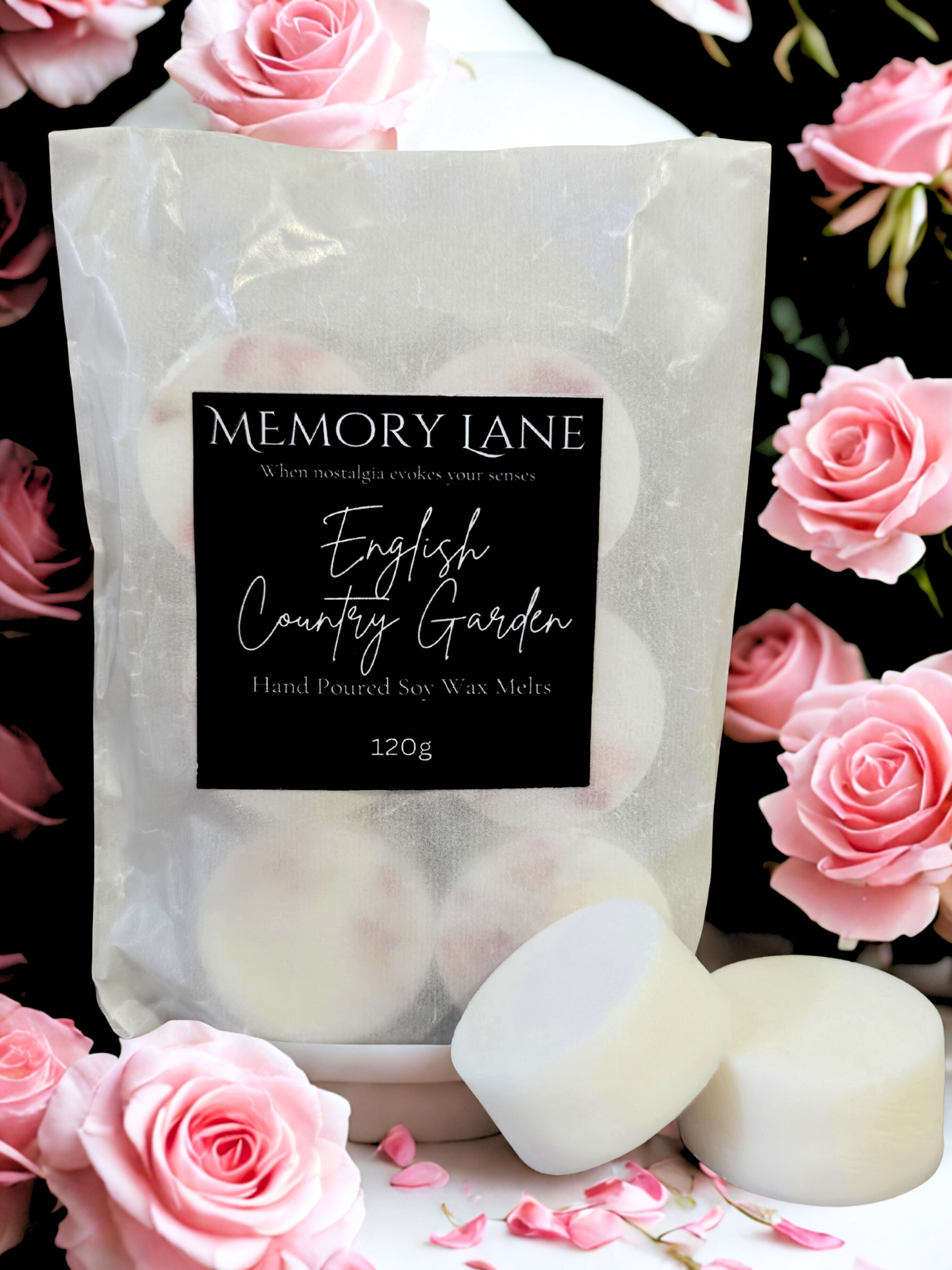 Pack of Memory Lane English Country Garden wax melts with pink roses in the background
