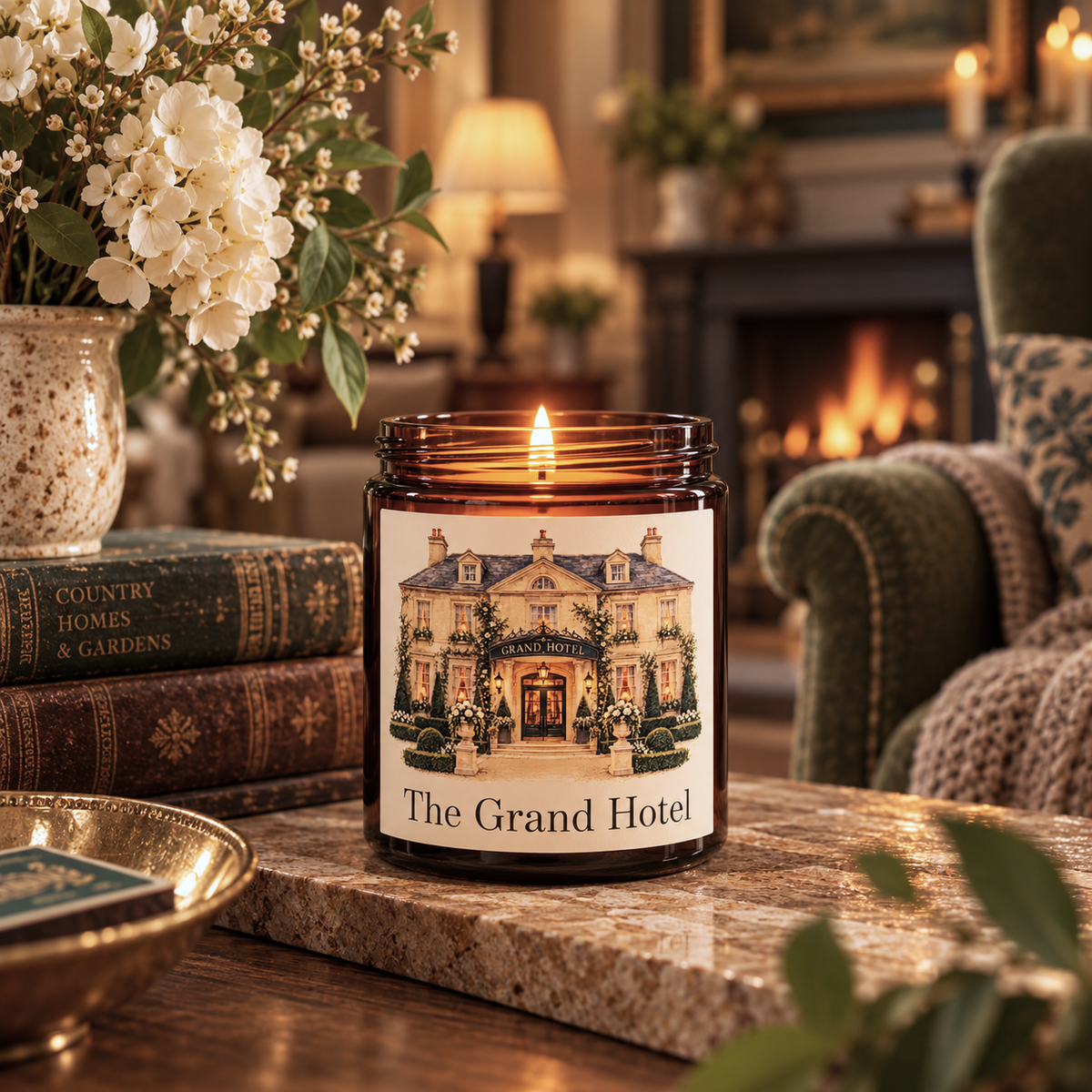 An amber glass jar candle with a lit flame sits on a stone surface in a cozy living room setting. The candle has a cream label featuring an illustration of a grand hotel and the text 'The Grand Hotel.