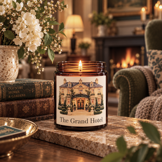 An amber glass jar candle with a lit flame sits on a stone surface in a cozy living room setting. The candle has a cream label featuring an illustration of a grand hotel and the text 'The Grand Hotel.