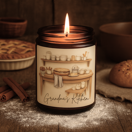 Amber candle jar with Grandma's kitchen label and hot apple pie in rustic kitchen