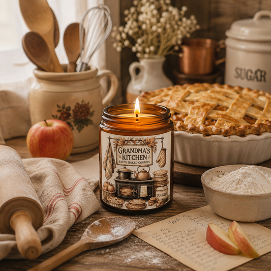 Candle labeled 'Grandma's Kitchen' on a table with baking items and a pie.