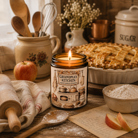 Candle labeled 'Grandma's Kitchen' on a rustic kitchen counter with pie, apples, and utensils.