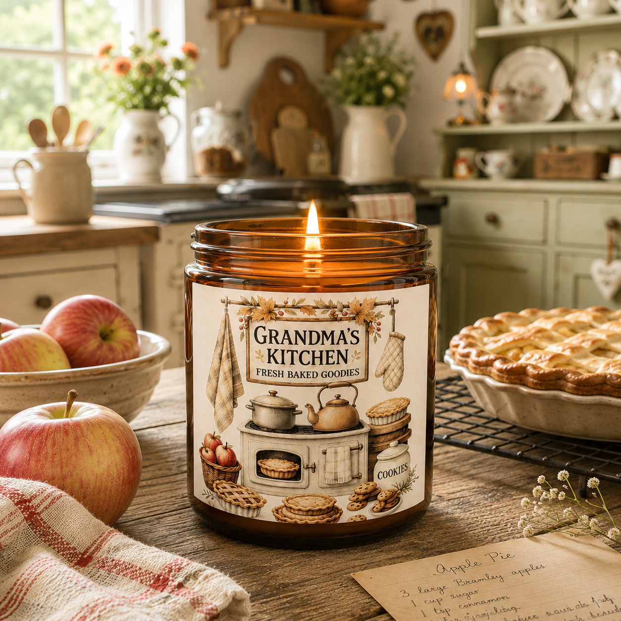 An amber glass jar candle with a lit flame sits on a rustic wooden table in a cosy kitchen setting. The candle label reads 'Grandma's Kitchen Fresh Baked Goods' with illustrations of cookies, pastries, and kitchen items. Cooking apple pie.