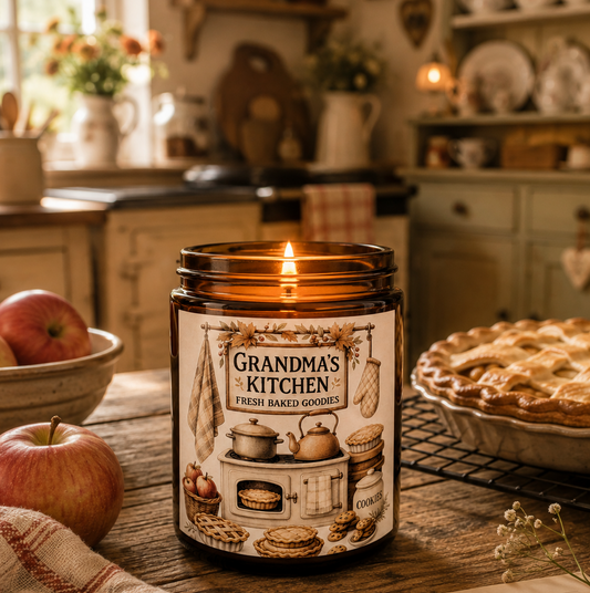 An amber glass jar candle with a lit flame sits on a rustic wooden table in a cosy kitchen setting. The label reads 'Grandma's Kitchen Fresh Baked Goods' with illustrations of cookies, a teapot, and a mug. A warm apple pie cooling.
