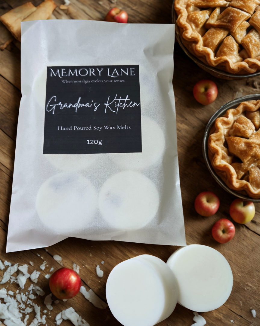 Memory Lane wax melts packaging with pies and apples on a wooden surface