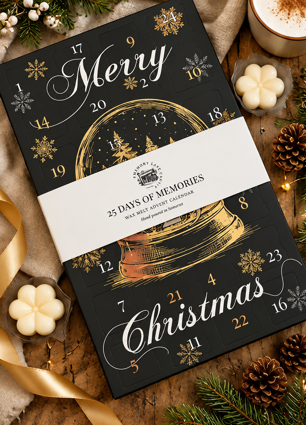 A Christmas advent calendar titled 'Merry Christmas' with numbered days around a golden bell illustration, wrapped with a white paper band reading '25 Days of Memories'. The calendar is styled on a rustic wooden surface with pine branches, gold ribbon, small flower-shaped candles, and pinecones.