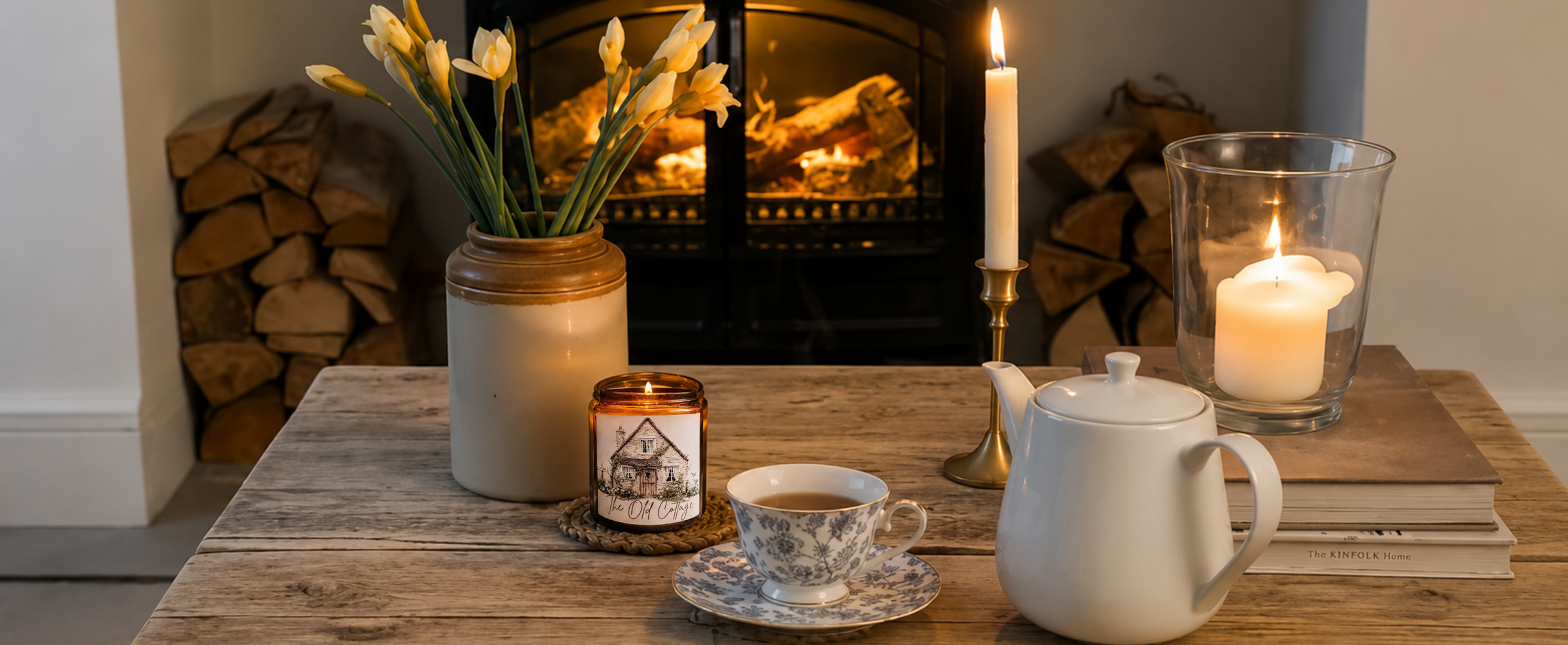 Cosy living room scene with a fireplace, candles, and tea set on a wooden table.