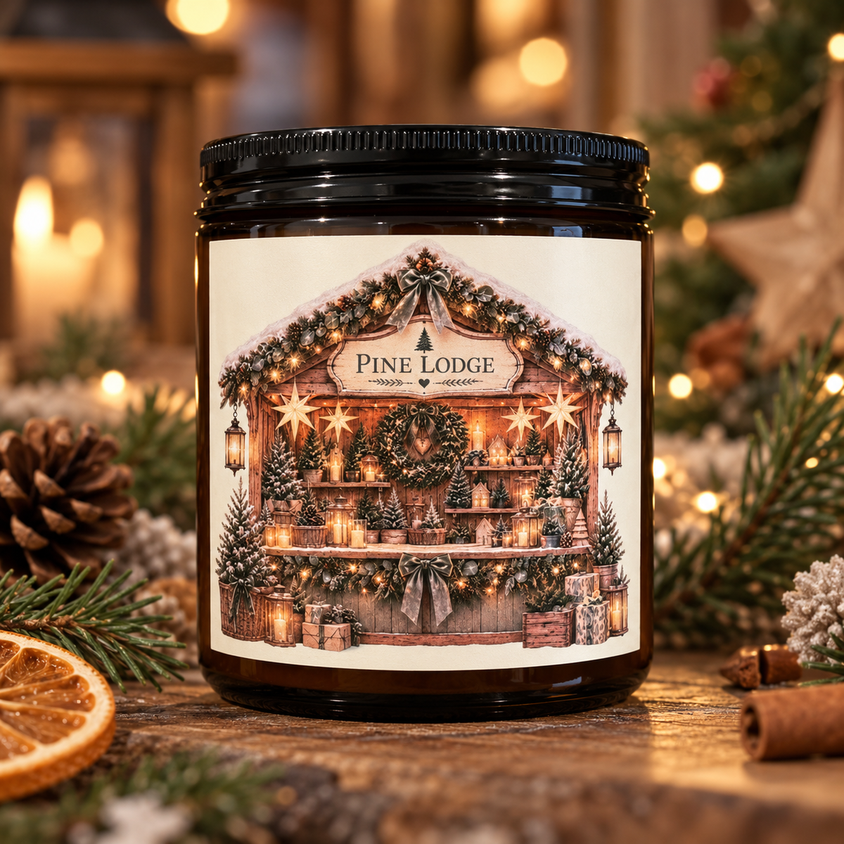 A dark amber glass jar candle with a black lid and a detailed Christmas market illustration label reading 'PINE LODGE CANDLE CO.', styled on a wooden surface with pine branches, a dried orange slice, cinnamon sticks, and warm holiday lights in the background.
