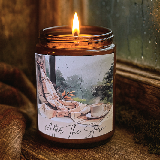 Candle in a jar with a decorative label featuring a cozy scene, placed on a wooden surface.
