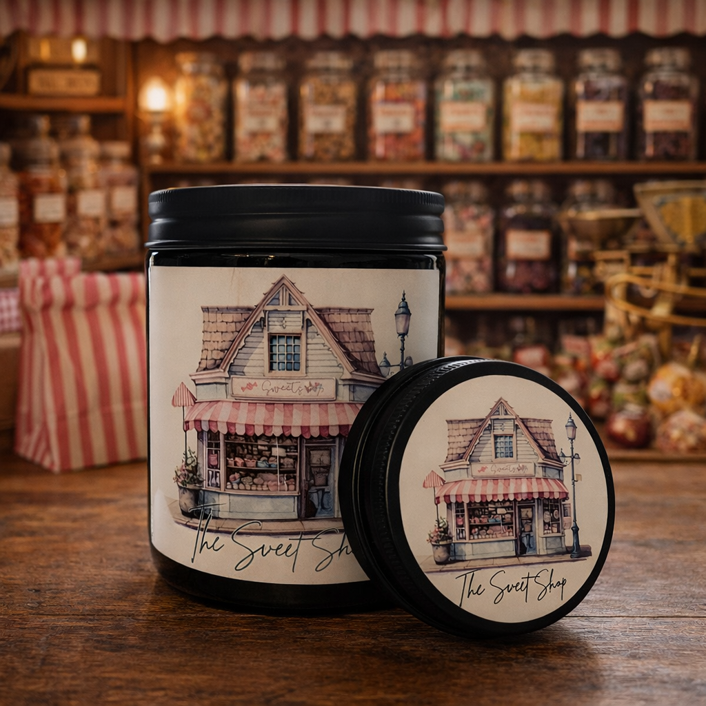Candle with 'The Sweet Shop' design on a wooden surface with a store background
