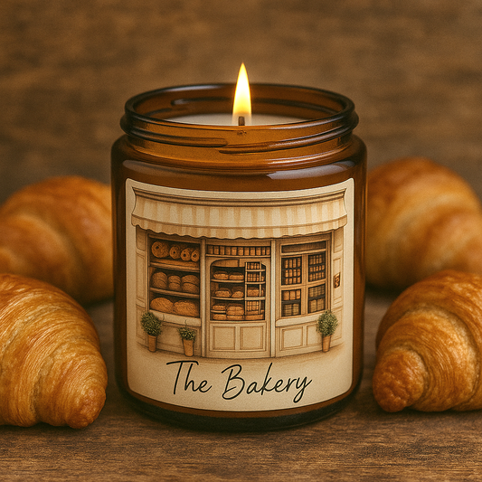 The Bakery candle by Memory Lane Candles in an amber jar, featuring a hand-drawn bakery storefront label and surrounded by croissants.