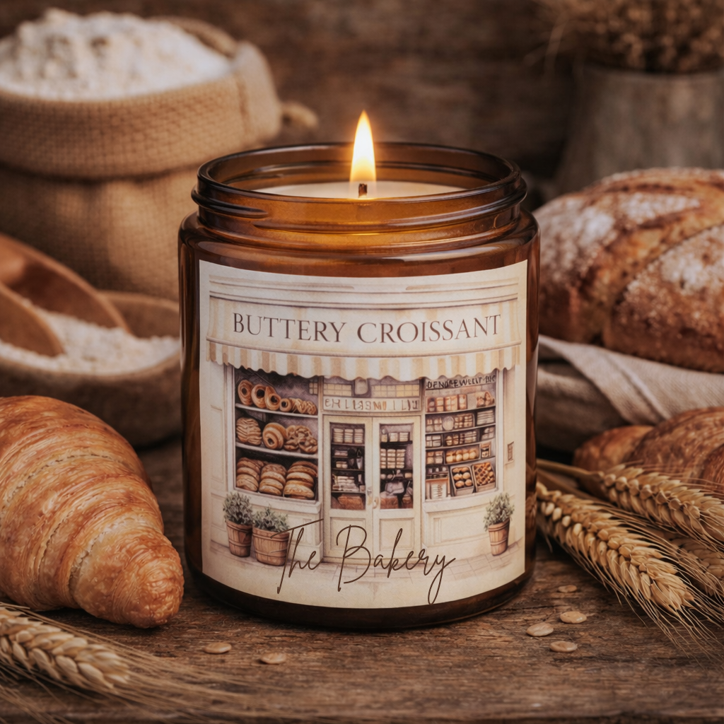 Candle labeled 'Buttery Croissant' with bakery-themed design, surrounded by bread and wheat on a wooden surface.