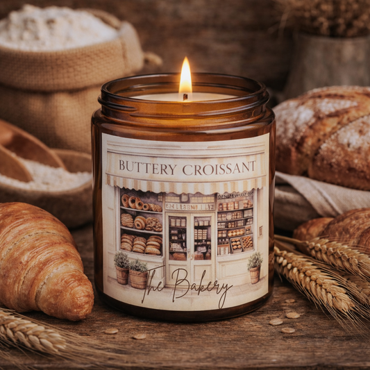 Candle labeled 'Buttery Croissant' with bakery-themed design, surrounded by bread and wheat on a wooden surface.