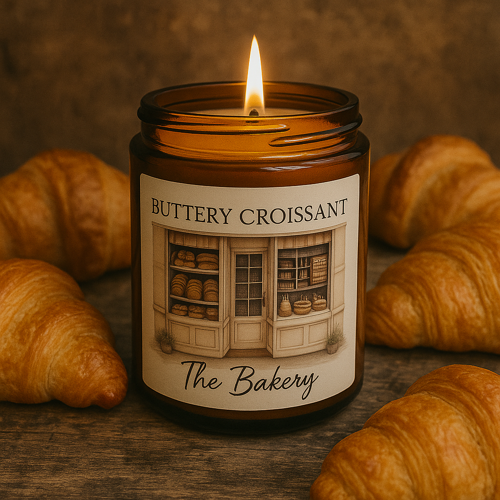 The Bakery candle by Memory Lane Candles in an amber jar, featuring a hand-drawn bakery storefront label and surrounded by croissants