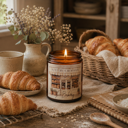 Buttery croissant candle on a table with croissants and a basket in the background