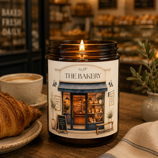A lit amber glass candle jar with a white label reading “THE BAKERY,” placed on a wooden table in a bakery setting with a croissant, coffee cup, and plants nearby.