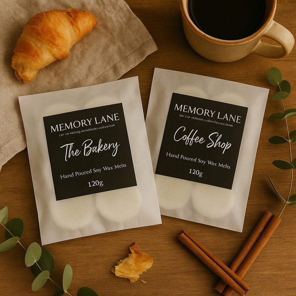 The Bakery and Coffee Shop wax melts by Memory Lane Candles, styled with croissant, coffee, and cinnamon sticks