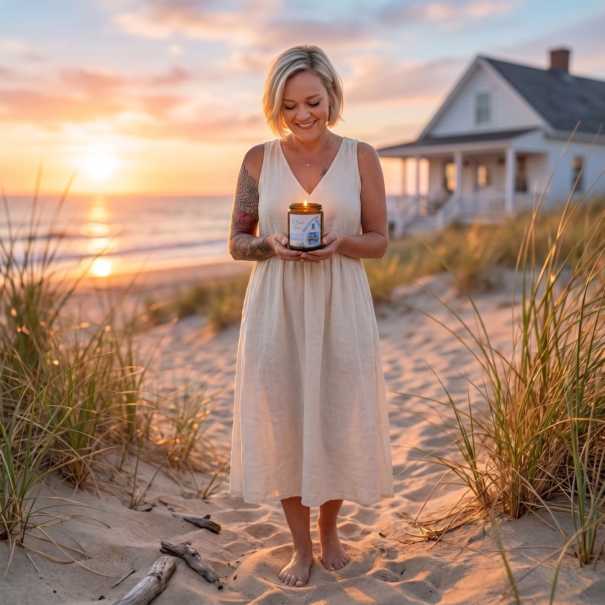 A woman in a white sleeveless dress stands on a sandy beach at sunset holding a small jar candle. Tall beach grass surrounds her, with the ocean and a house visible in the background.