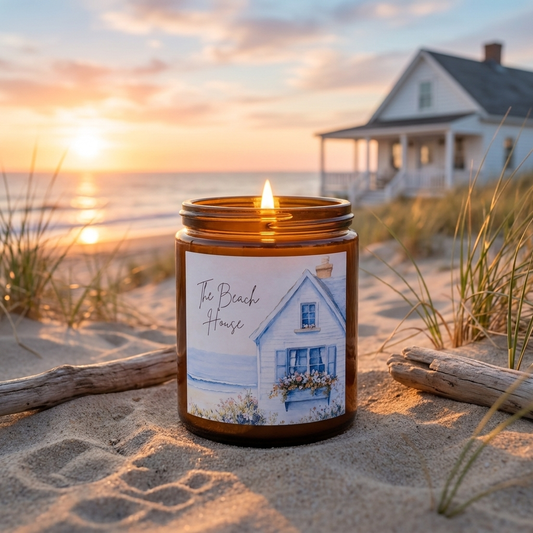 A lit amber glass jar candle sits on sandy beach dunes with driftwood and a house in the background at sunset. The label reads “The Beach House” and shows a small white house illustration.