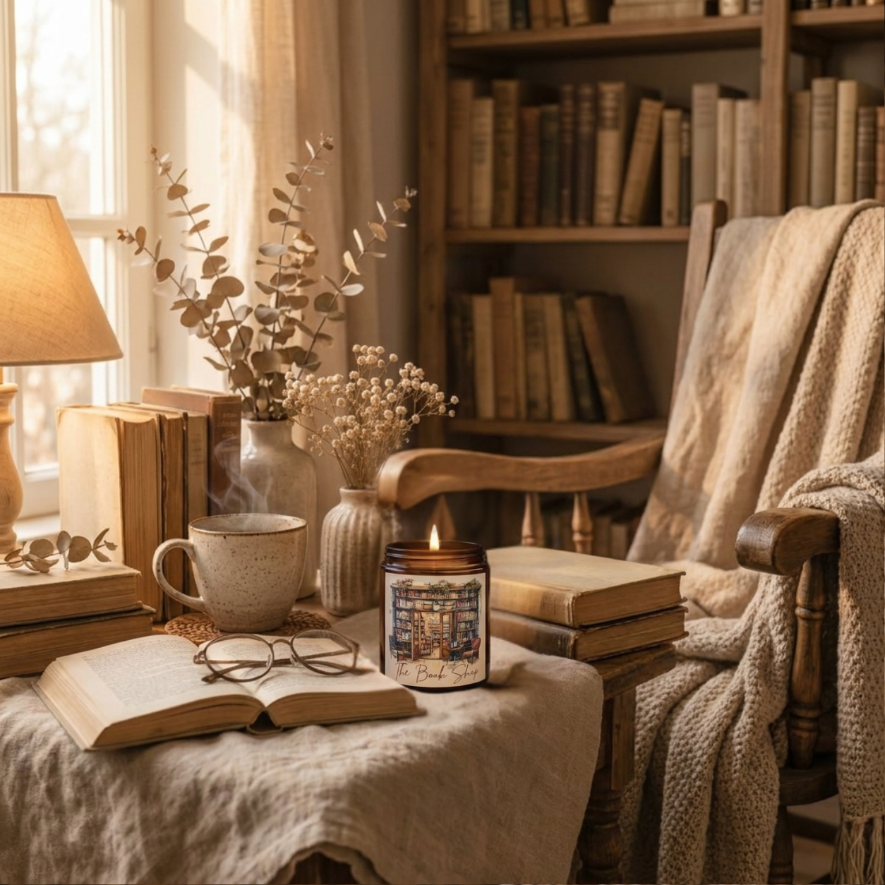 Cozy reading nook with books, a mug, a candle, and a chair in a warm, inviting room.