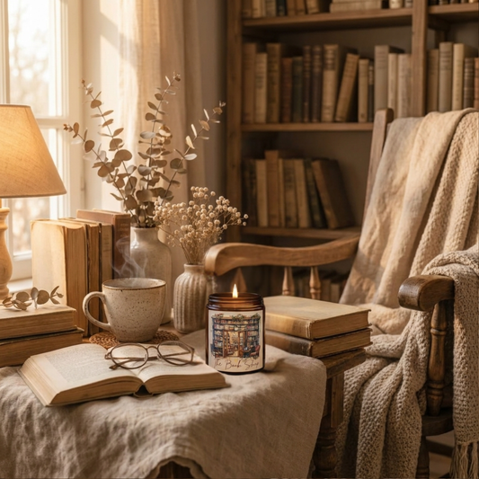 Cozy reading nook with books, a mug, a candle, and a chair in a warm, inviting room.