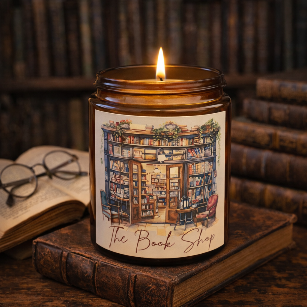 Candle in a jar with 'The Book Shop' label on an old book, surrounded by books and glasses.