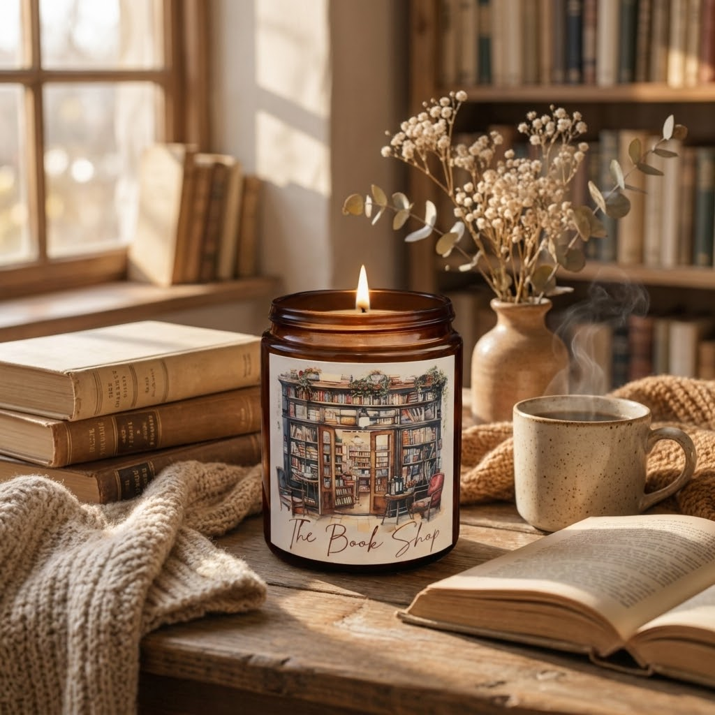 Candle with 'The Book Shop' design on a table with books, a mug, and flowers.