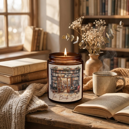 Candle with 'The Book Shop' design on a table with books, a mug, and flowers.