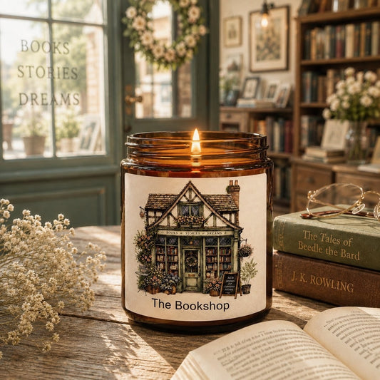 An amber glass jar candle with a lit flame sits on a wooden table in a cosy book-filled room. The candle has a cream label featuring an illustration of a quaint bookshop and the text 'The Bookshop.