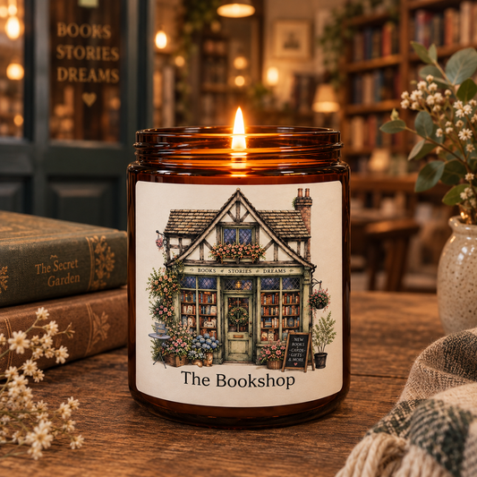 A lit amber glass jar candle sits on a wooden table in a cosy bookshop setting. The candle jar has a cream label featuring an illustration of a bookshop front with the text 'The Bookshop' and 'BOOKS STORIES DREAMS' on the window.