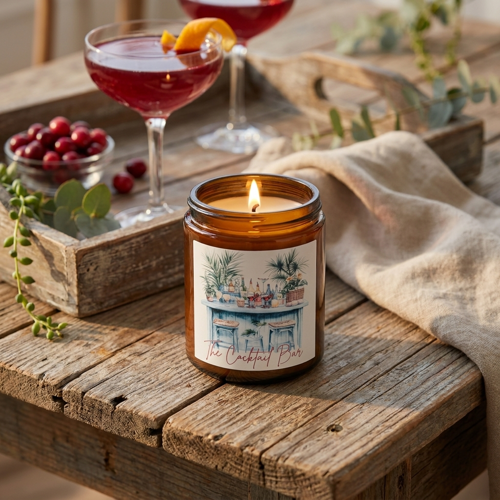 Candle named The Cocktail Bar on a wooden surface with cocktails and fruit in the background