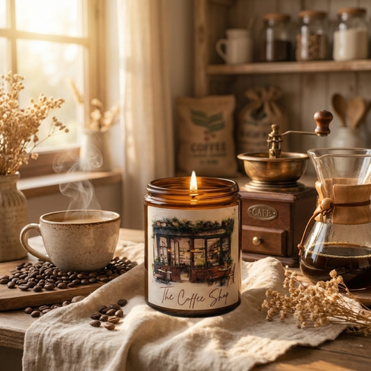 Candle labelled 'The Coffee Shop' on a table with coffee-making equipment and beans.
