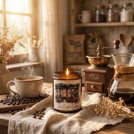 Candle labeled 'The Coffee Shop' with coffee-themed decor including a cup, grinder, and beans.