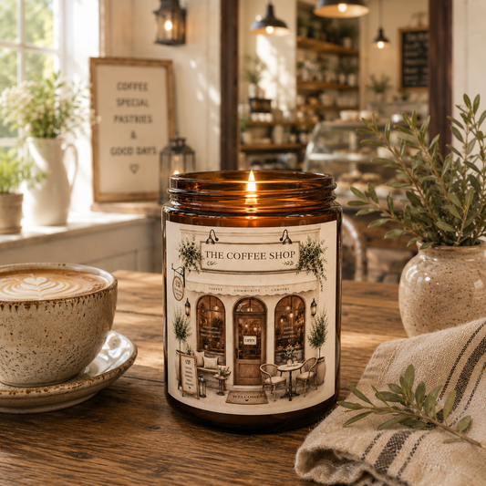 An amber glass jar candle with a lit wick sits on a wooden table in a cosy cafe setting. The label features an illustration of 'The Coffee Shop' with tables, chairs, and plants.